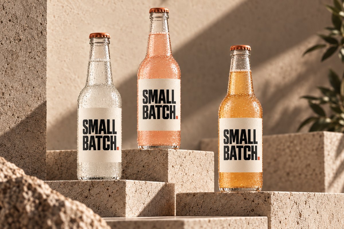 Trio of branded Small Batch craft soda bottles on limestone steps